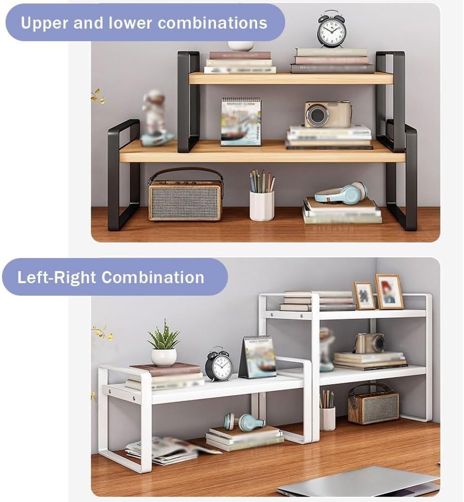 2-Tier Desktop Bookshelf Organizer | White Wood & Metal Desk Storage Rack 60cm