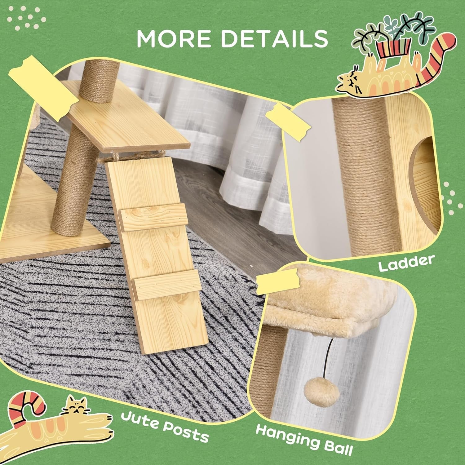 Large Cat Tree Tower 130cm Wooden Multi Level Scratching Posts Hammock Condo