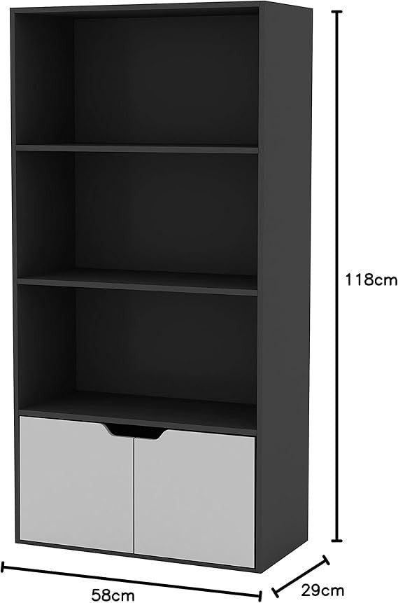 Modern 4-Tier Wide Bookcase with Cupboard Storage – Black & White Shelf Unit