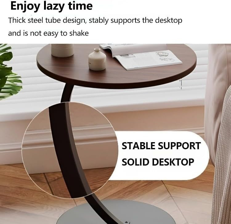 Slim Rustic Brown C-Shaped Side Table with Magazine Rack, Space-Saving
