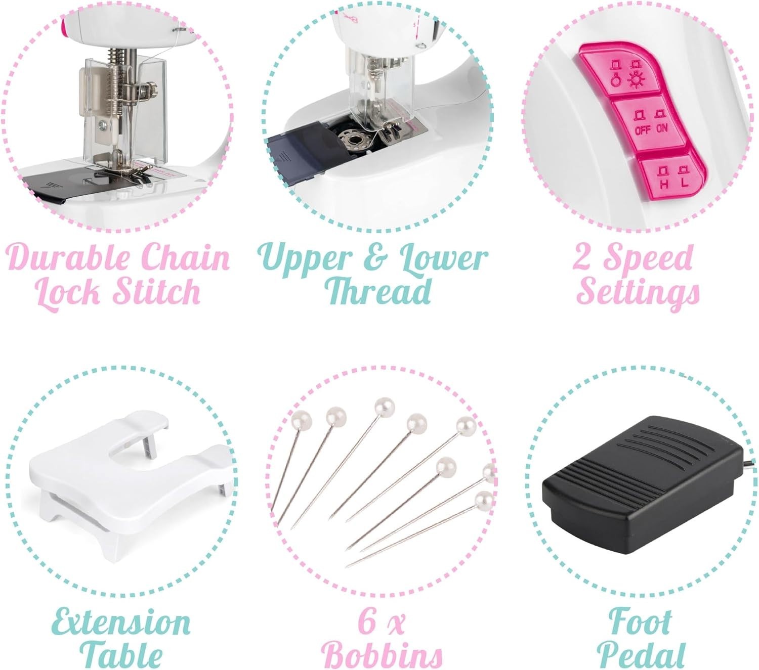 Kids Sewing Machine Kit Foot Pedal Extendable Table 2 Speed White