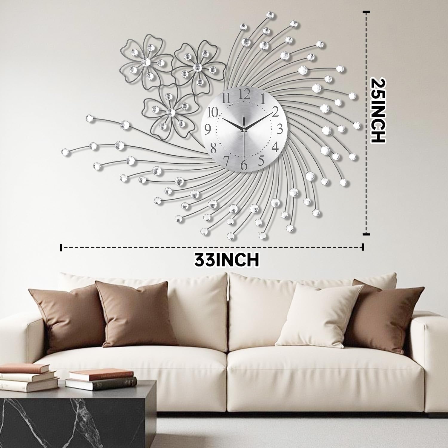 83×63cm Large Silver Wall Clock – Silent Quartz Modern Oversized Art Design