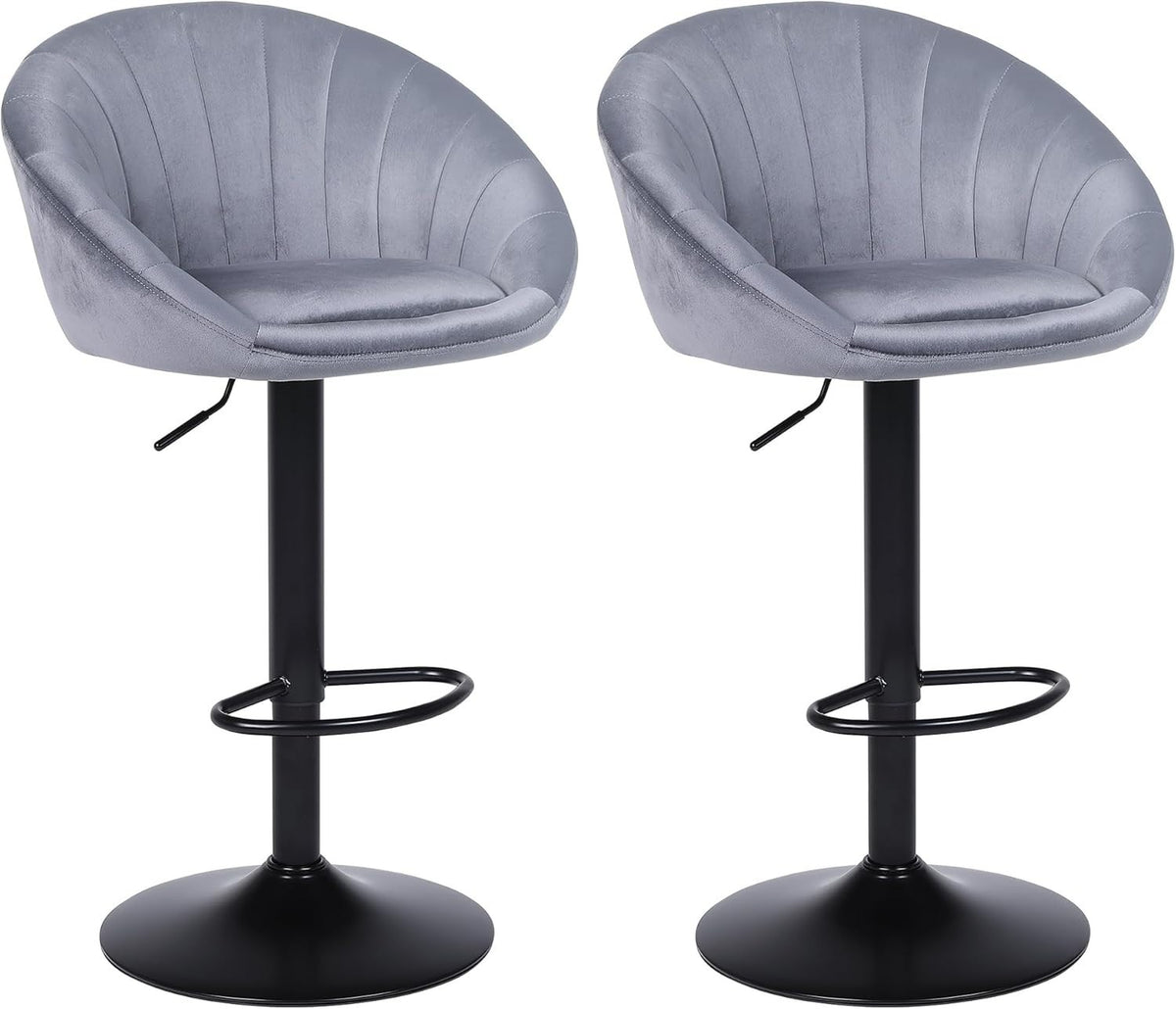 2PC Grey Velvet Bar Stools – Adjustable Swivel Kitchen Chairs