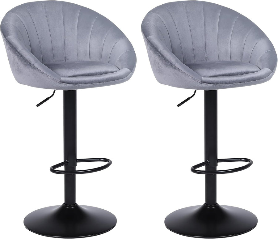 2PC Grey Velvet Bar Stools – Adjustable Swivel Kitchen Chairs