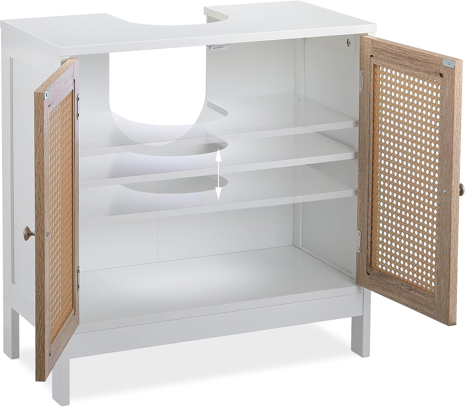 Modern Rattan Bathroom Vanity Unit White 2 Door Floor Standing Sink Cabinet