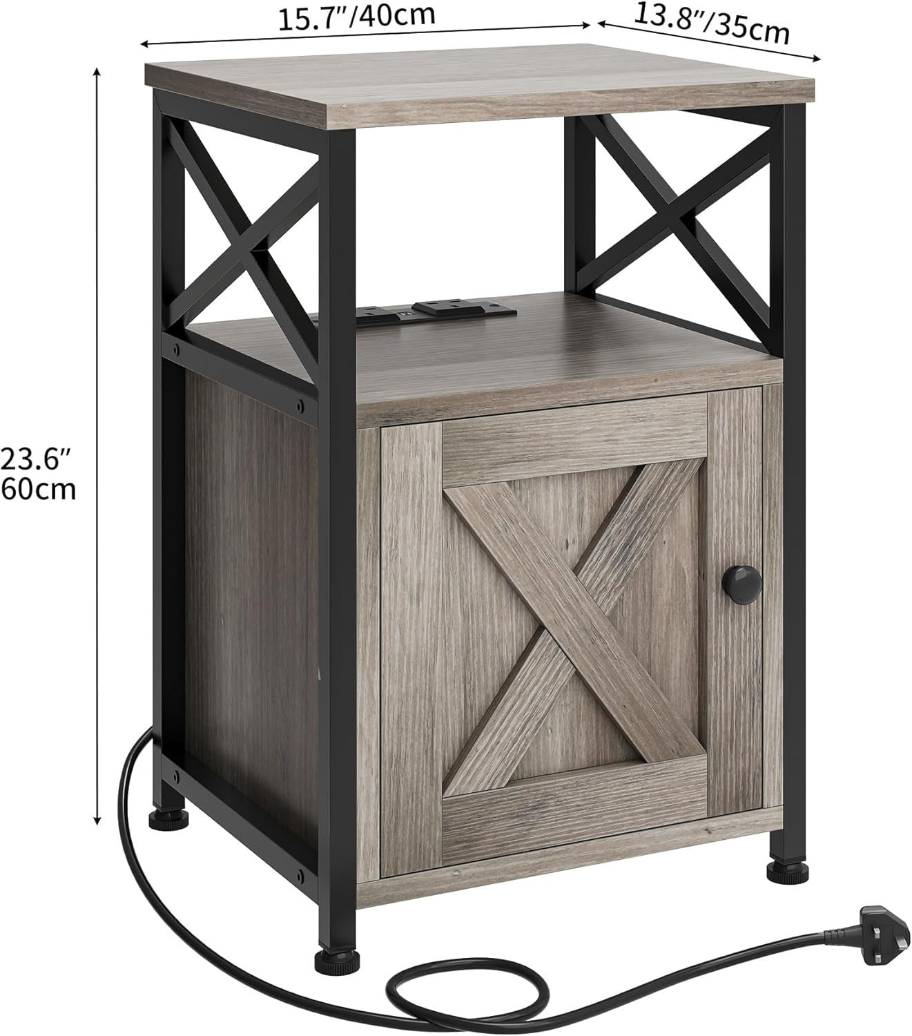 Grey Bedside Table with USB Ports & Storage Cabinet | Industrial Metal Frame