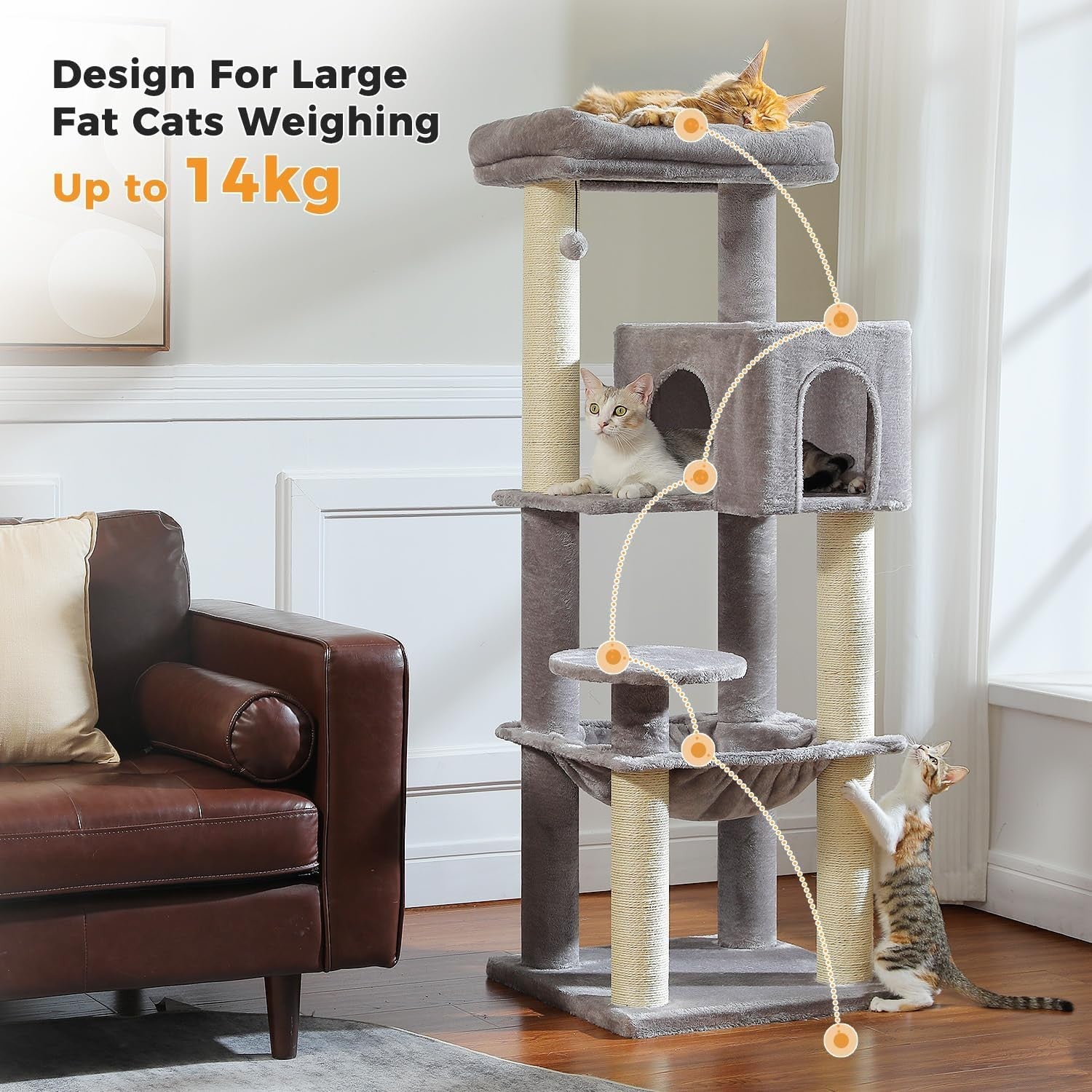 Large Cat Tree Tower 147cm Multi Level Thick Scratching Posts Hammock Condo