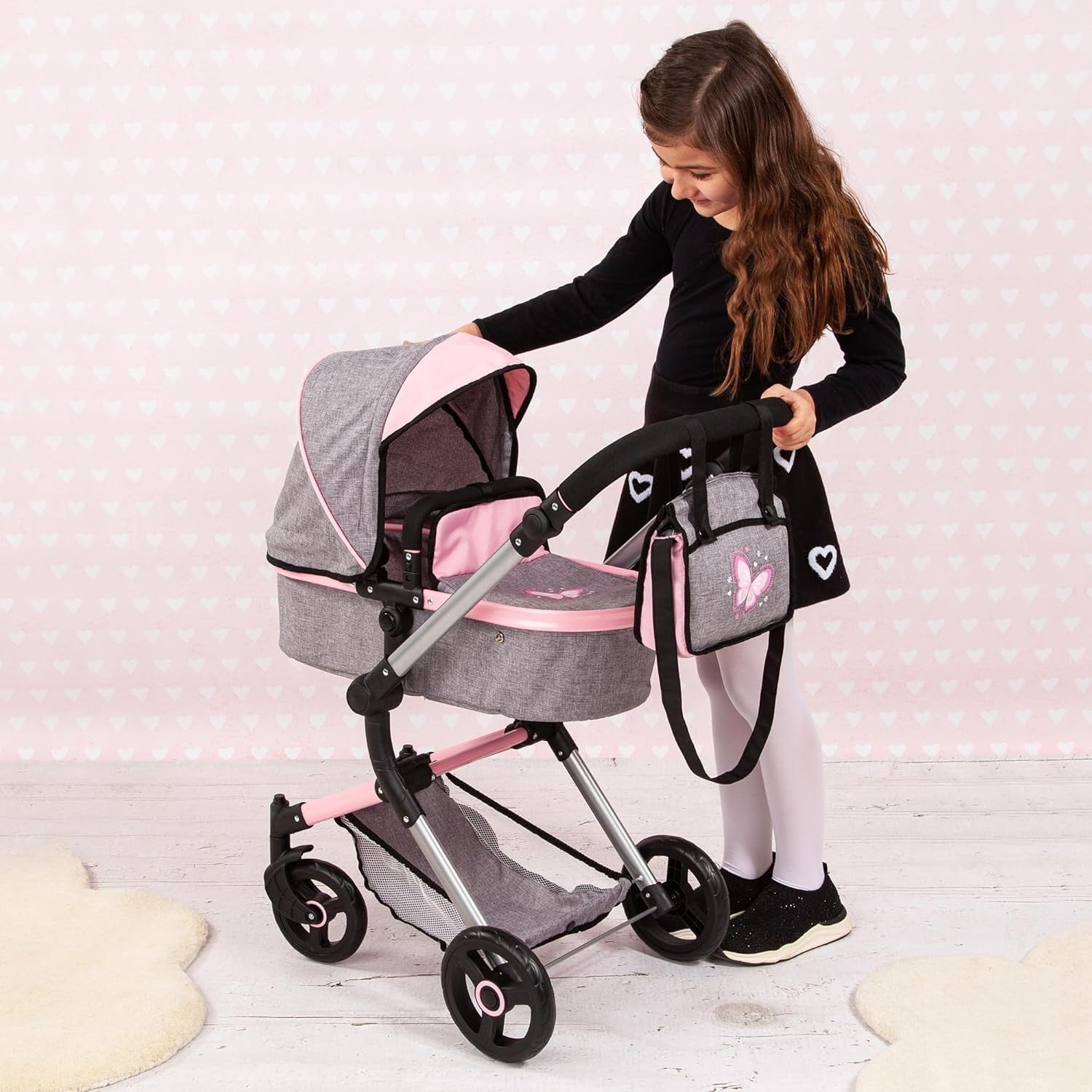 Convertible Doll Pram Stroller Foldable Adjustable Handle with Bag Butterfly