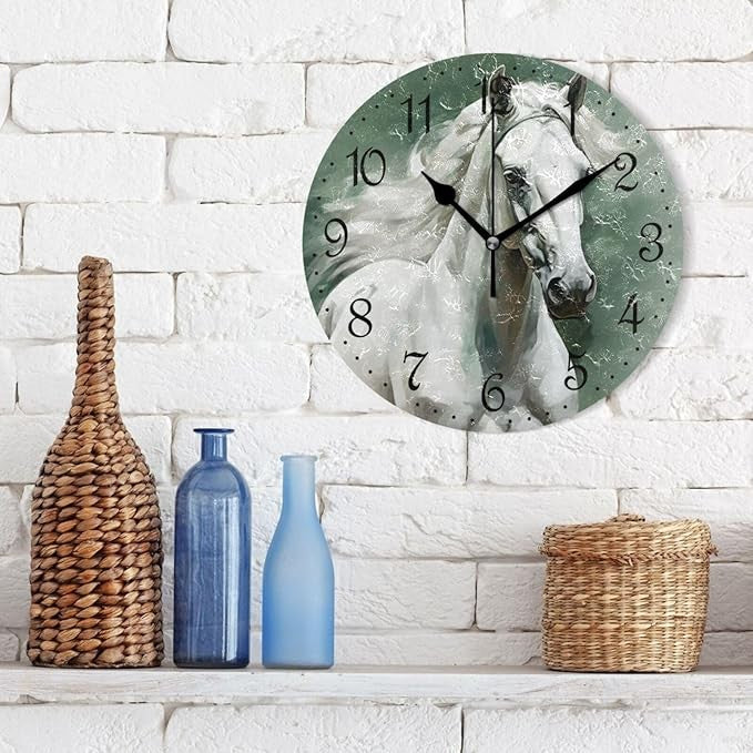 White Horse Wall Clock 25cm Rustic Animal Art Silent Non-Ticking Home Decor