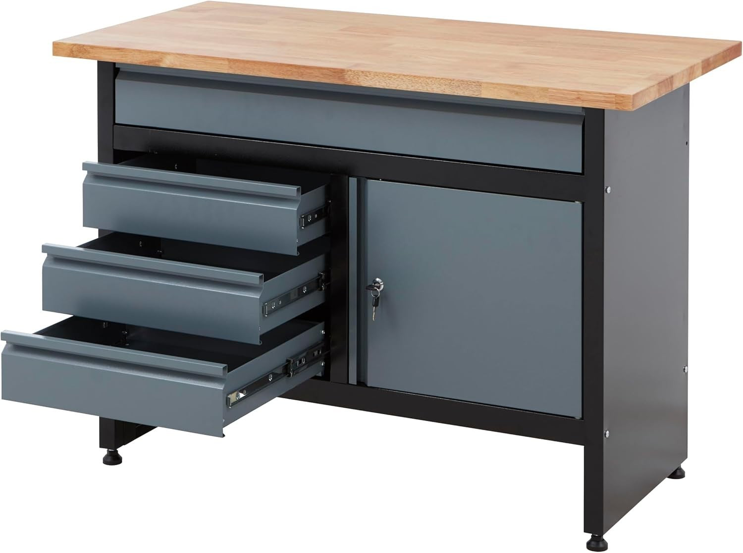 120cm Garage Workbench 4 Drawers + Cupboard 300kg Load Solid Wood Top