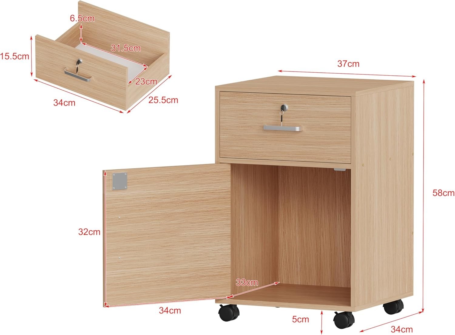 Maple Locking Rolling Desk Pedestal 1 Drawer Cabinet Under Desk