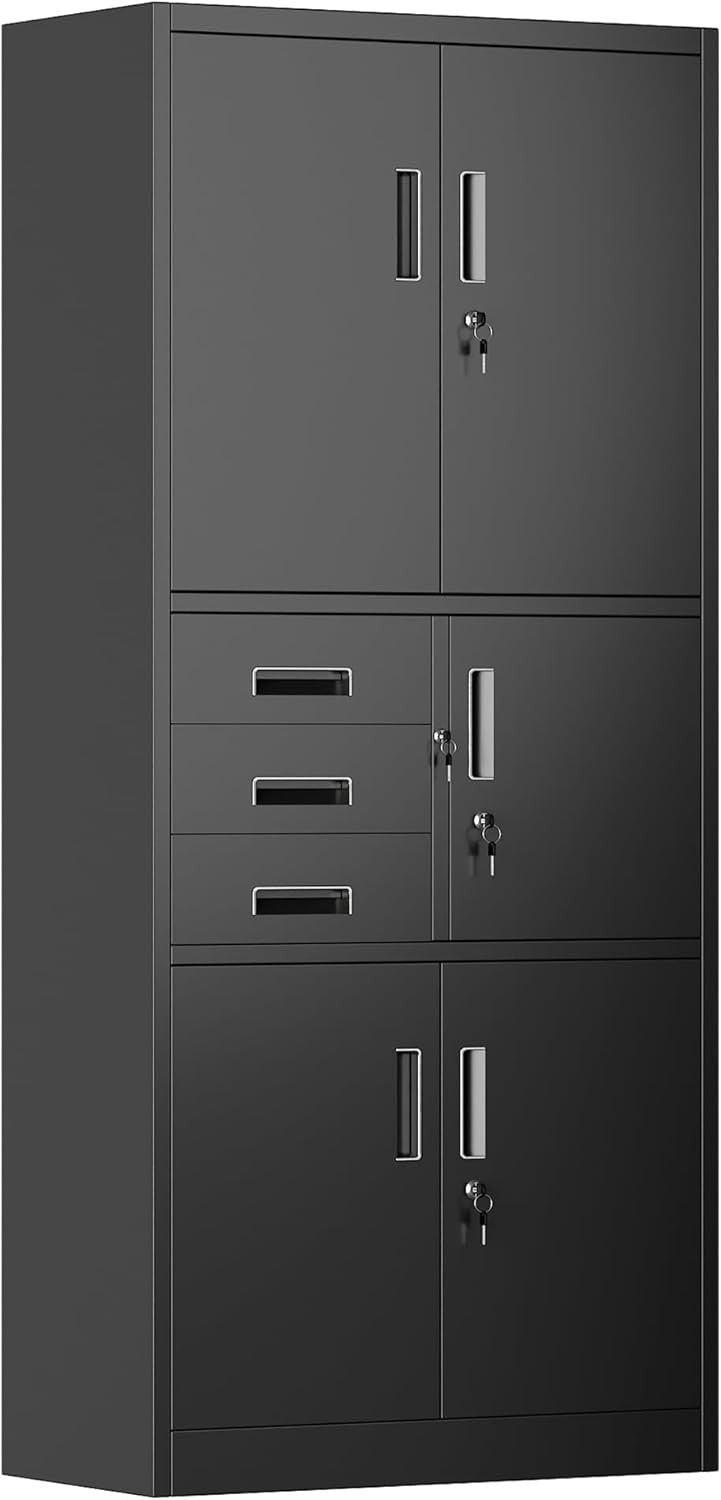 Metal Storage Cabinet 5 Door 3 Drawer Lockable Steel Cupboard 180cm Black