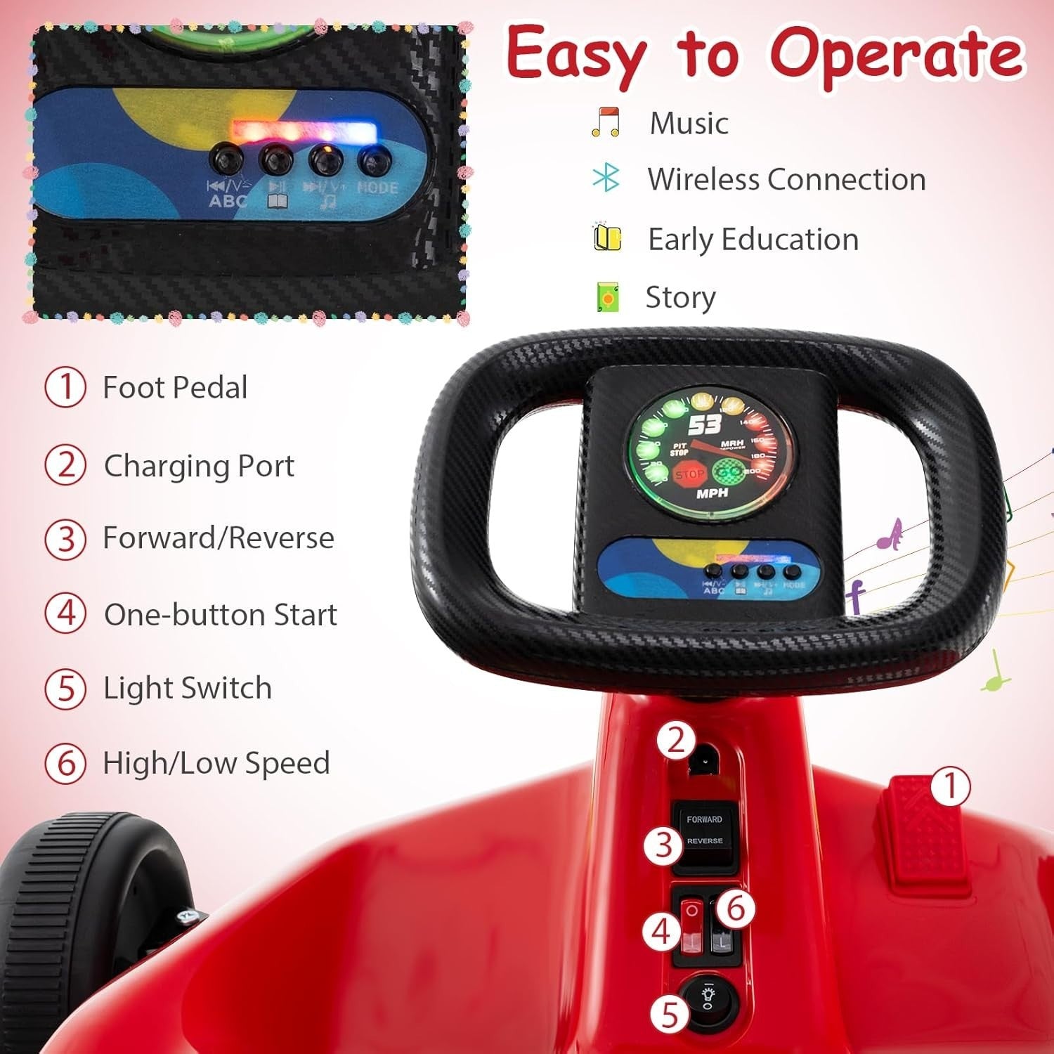 Kids Electric Go Kart 12V Ride On Car Remote Control LED Music Red