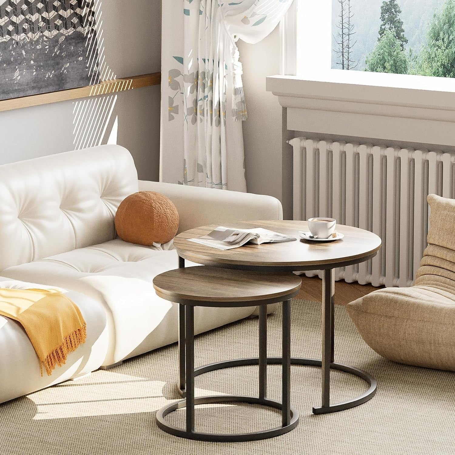 2-Piece Nesting Round Coffee Table Set with Oak Top & Black Metal Frame