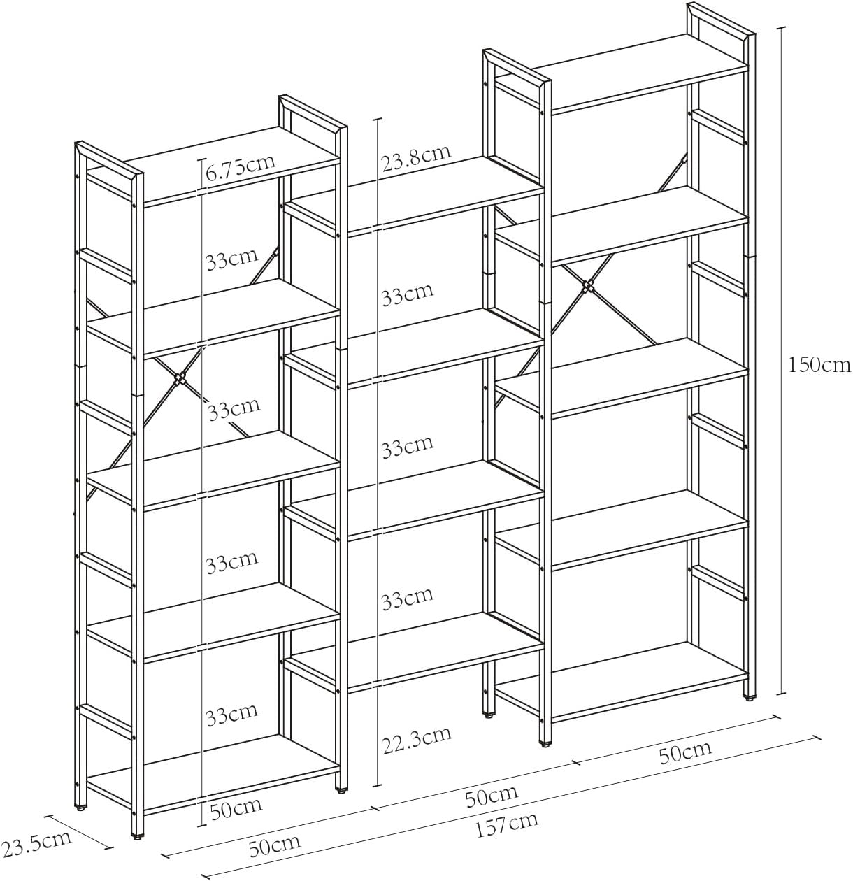 Industrial 5 Tier Bookcase Metal Frame Wooden Shelving Unit Display Storage