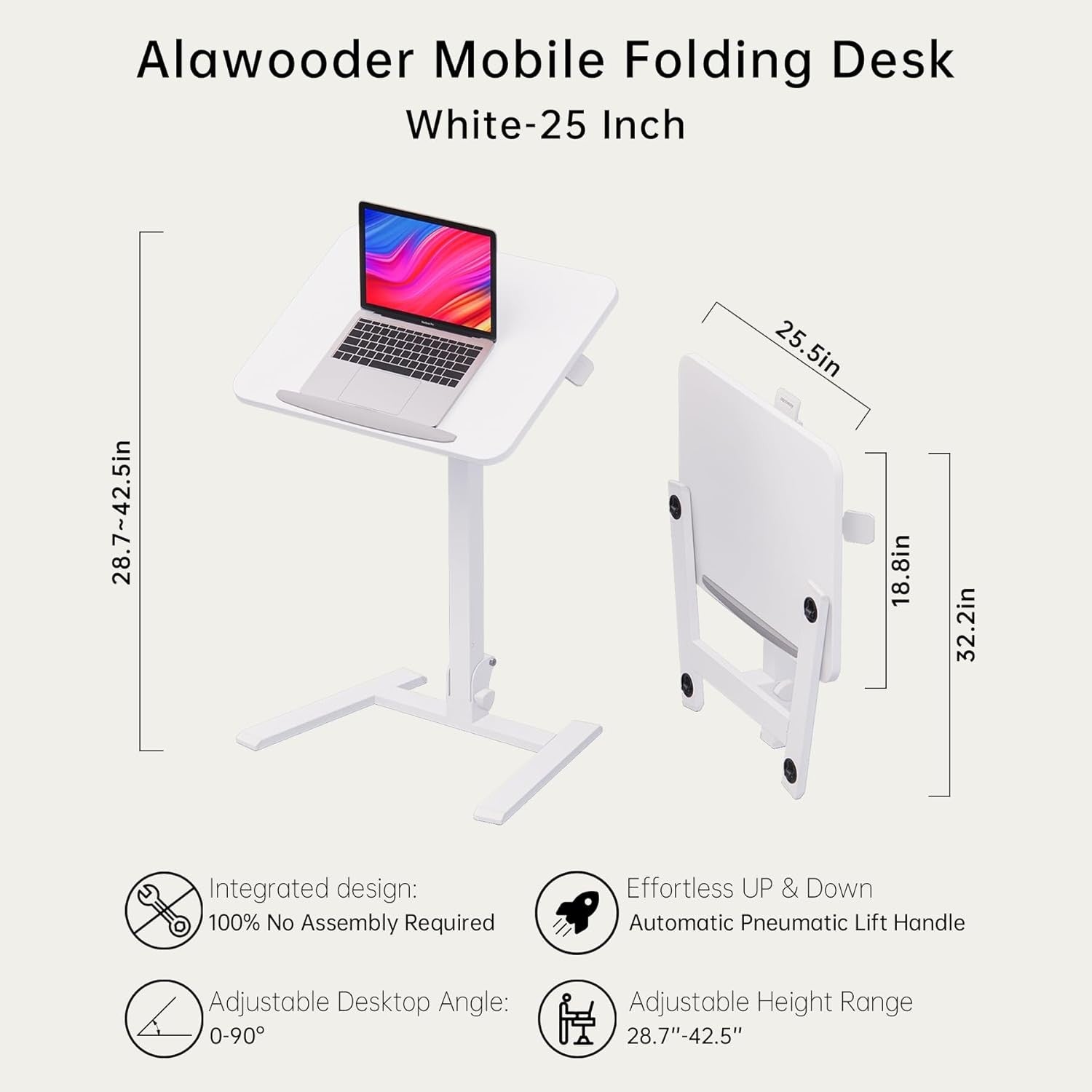 White Mobile Folding Sit Stand Desk Height Adjustable Laptop Table on Wheels