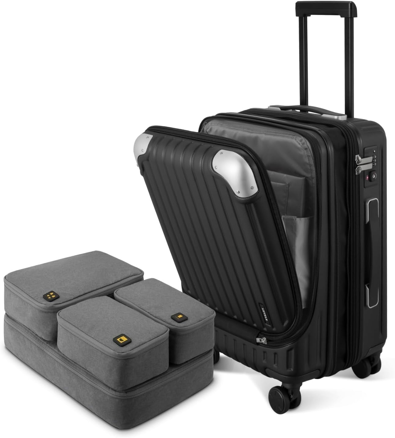 55cm Expandable Cabin Suitcase ABS PC 4 Wheel TSA Laptop + Organiser Set