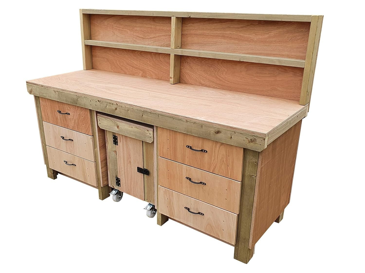 7ft Heavy Duty Wooden Workbench w/ Drawers, Lockable Cupboard & Back Panel