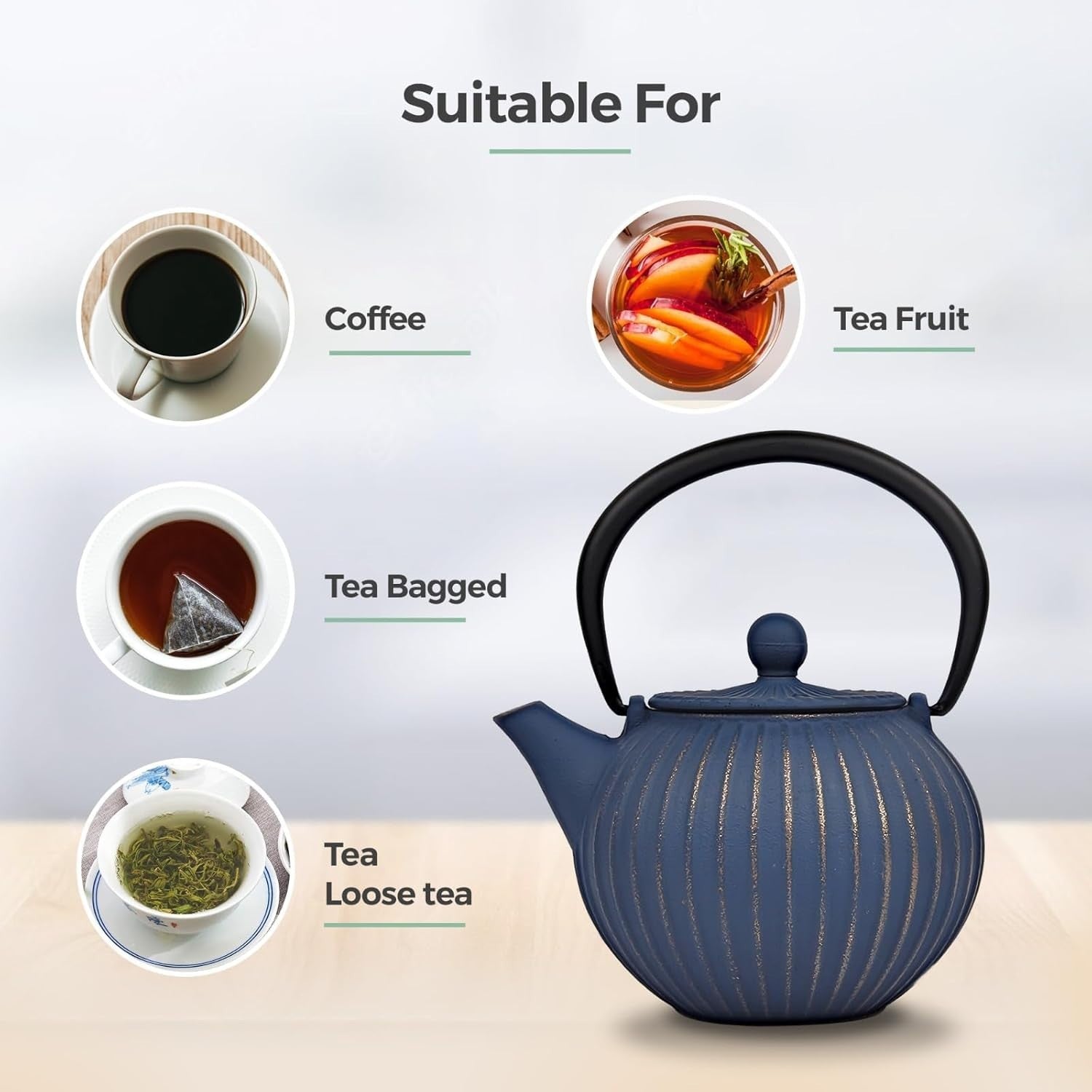 Cast Iron Teapot 500ml Tea Pot w/ Infuser Blue Gold Tetsubin Style