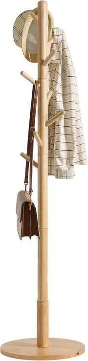 Natural Wooden Coat Rack Stand | 8 Hooks Round Base Hall Tree for Coats Hats