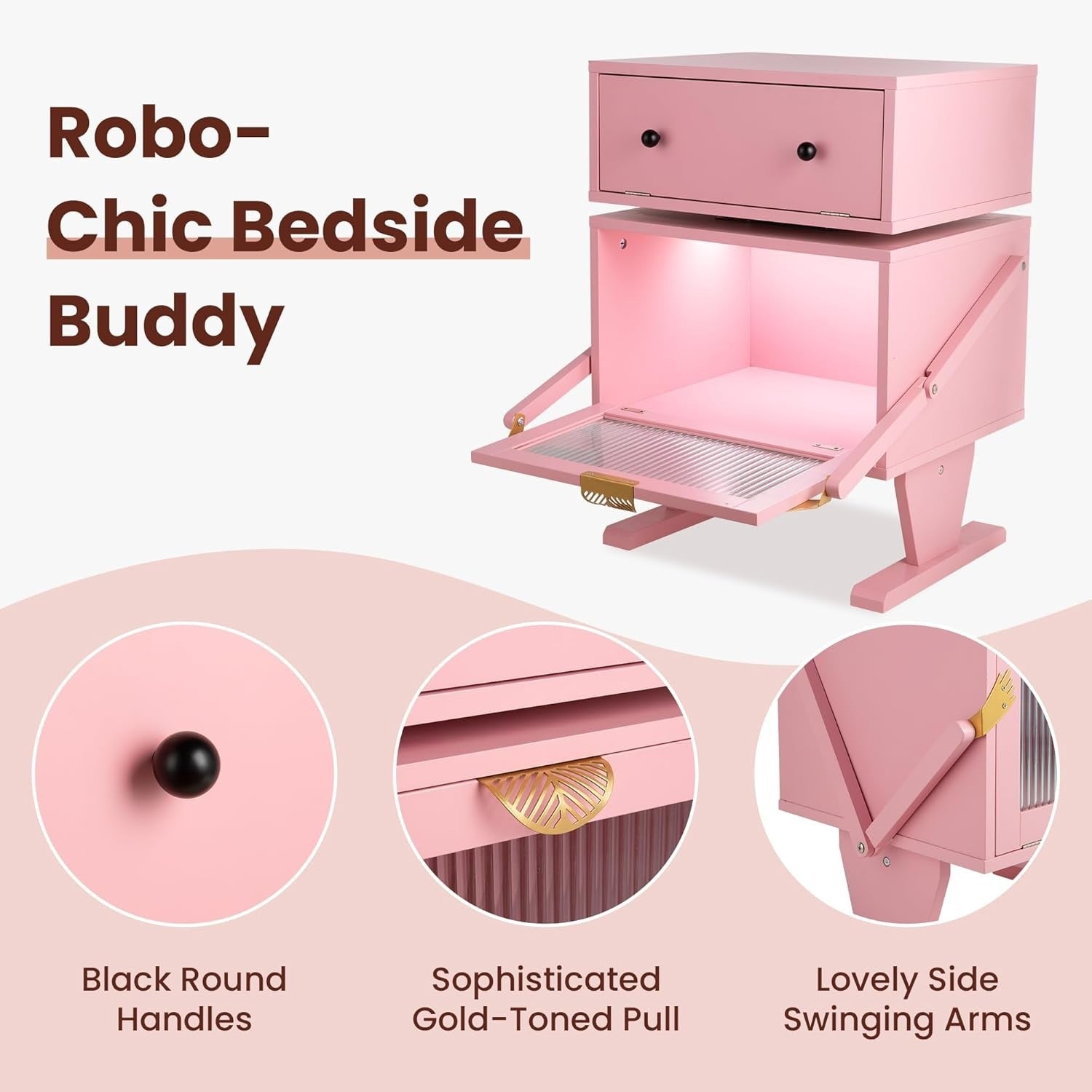Kids Nightstand with LED Lights Pink Bedside Table Robot Design Storage