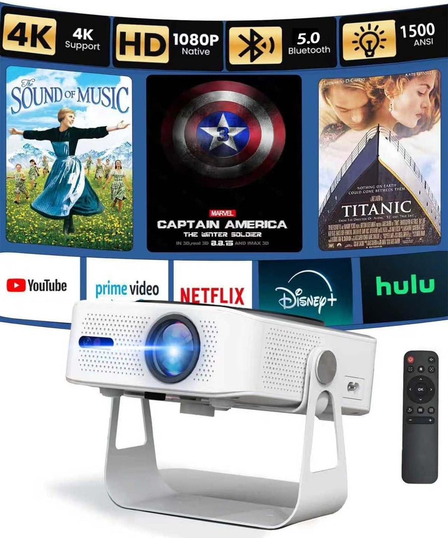 1000 ANSI Smart Projector 1080P 4K WiFi Bluetooth Auto Focus 200”