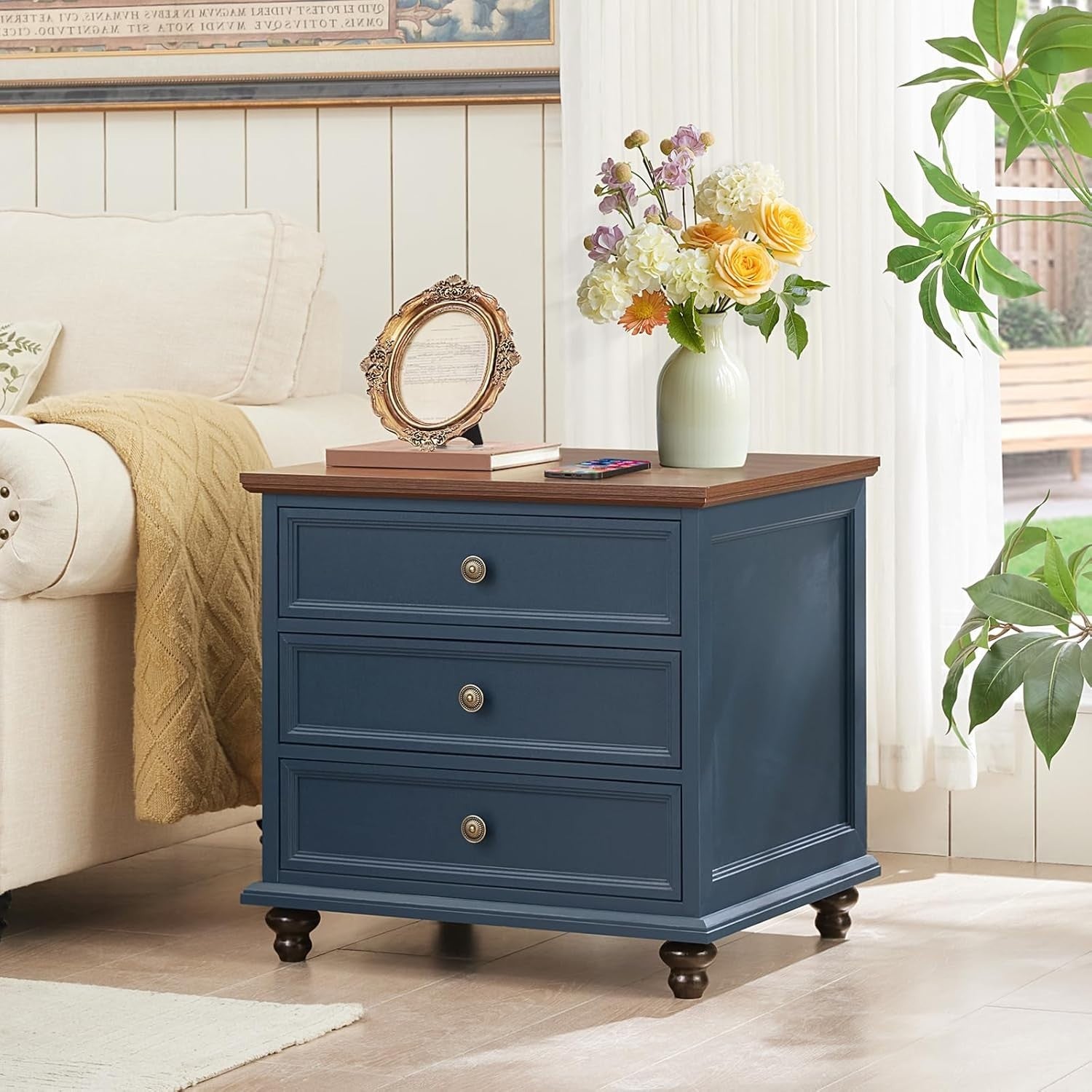 Dark Blue Wooden Bedside Table with Drawers – Rustic Farmhouse Nightstand
