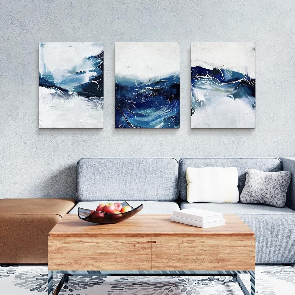 3Pcs Large Navy Blue Abstract Canvas Wall Art – Modern Living Room Decor