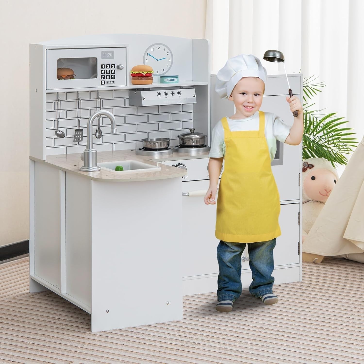Kids Corner Wooden Play Kitchen White Toy Set Fridge Microwave Sink