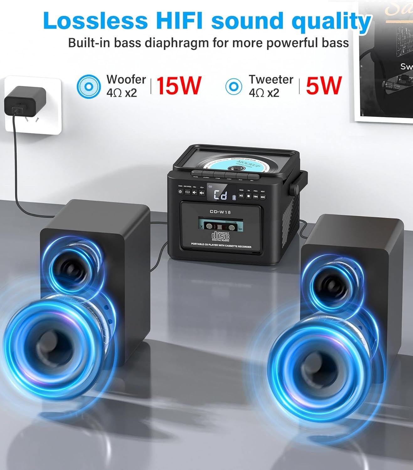 40W CD Cassette Player Hi-Fi System | Bluetooth, FM, USB, AUX, Remote Control