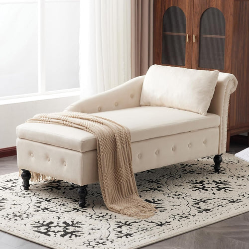 Velvet Chaise Lounge Sofa with Storage & Pillow, Button Tufted, Beige