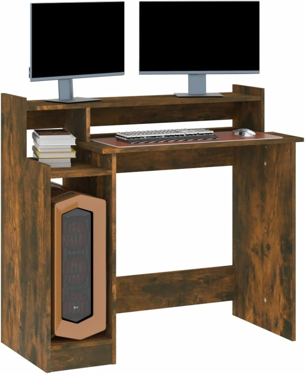 Modern Smoked Oak Computer Desk 97x90cm with LED Lights & Shelf for Office