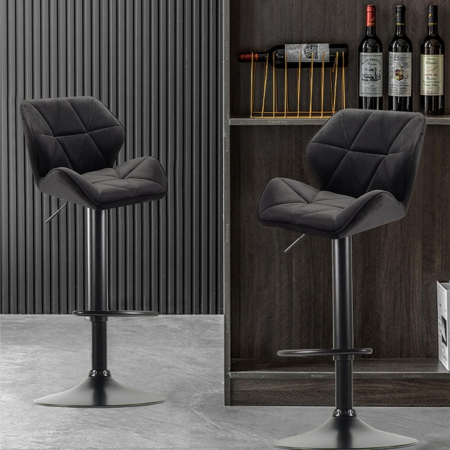 Velvet Black Bar Stools Set of 2 – Adjustable Swivel Kitchen Chairs