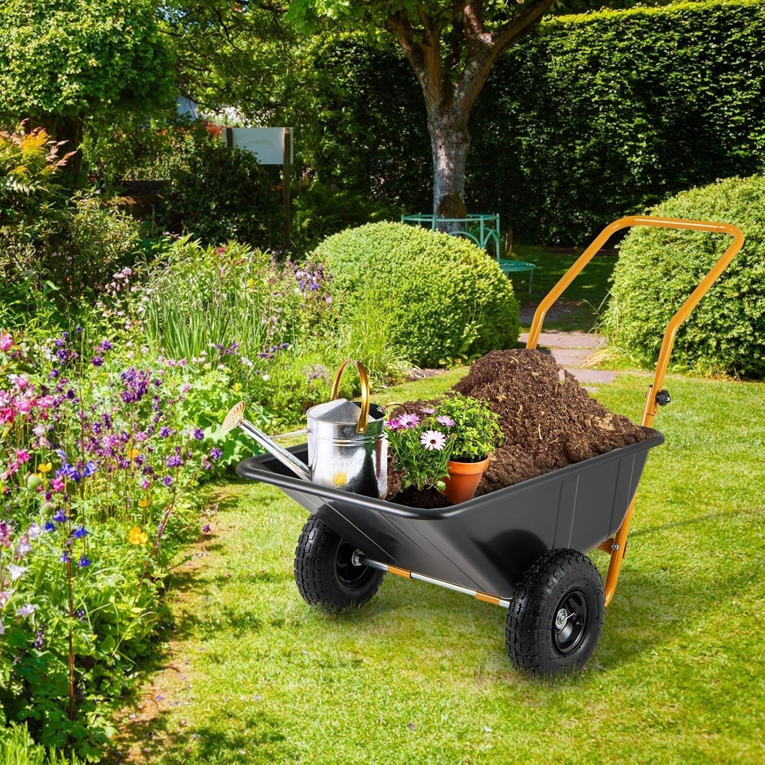 80L 2-Wheel Garden Wheelbarrow & Black Heavy Duty Cart w/ 100kg Load Capacity