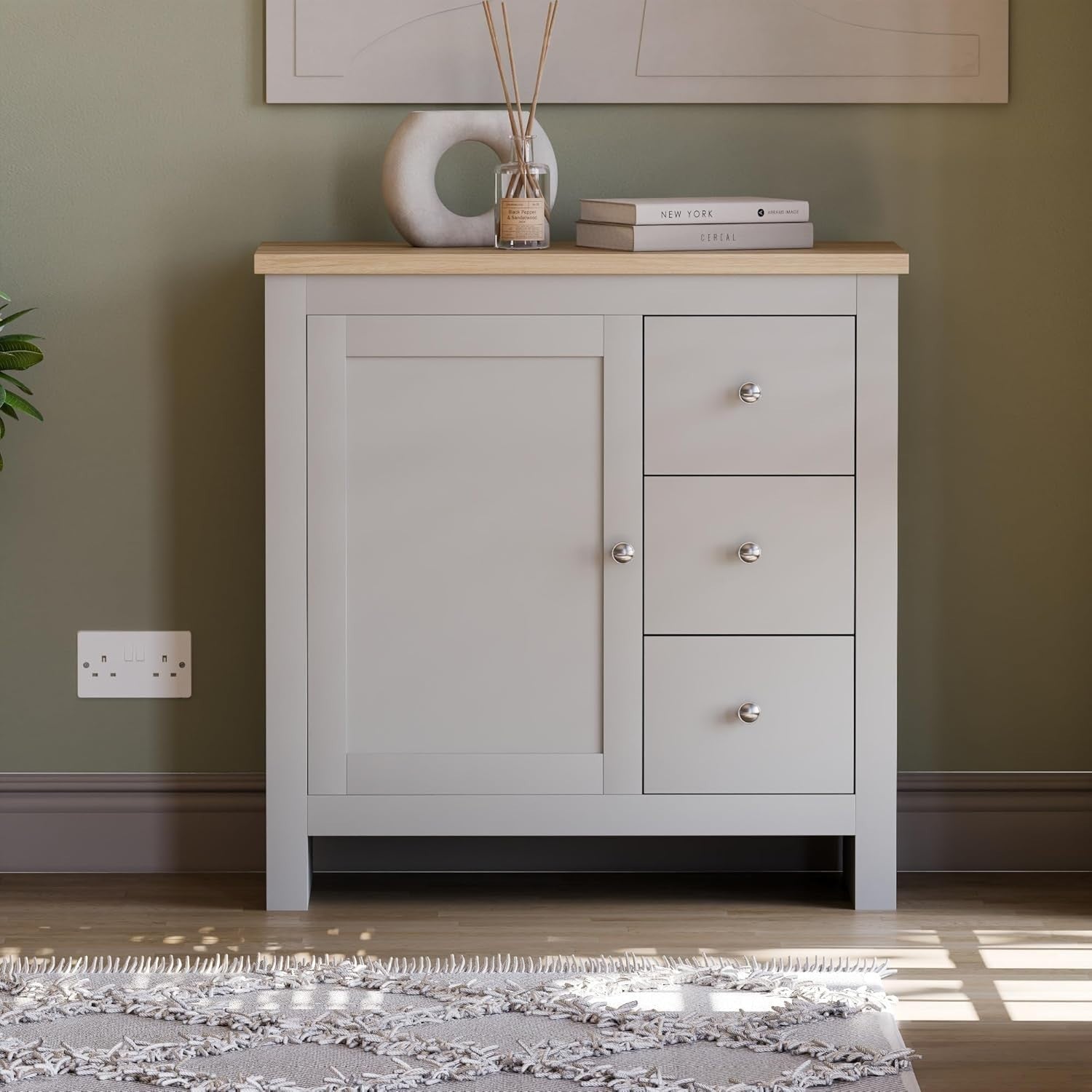 Grey Sideboard Storage Cabinet Unit with 3 Drawers 1 Door Oak Top Hallway
