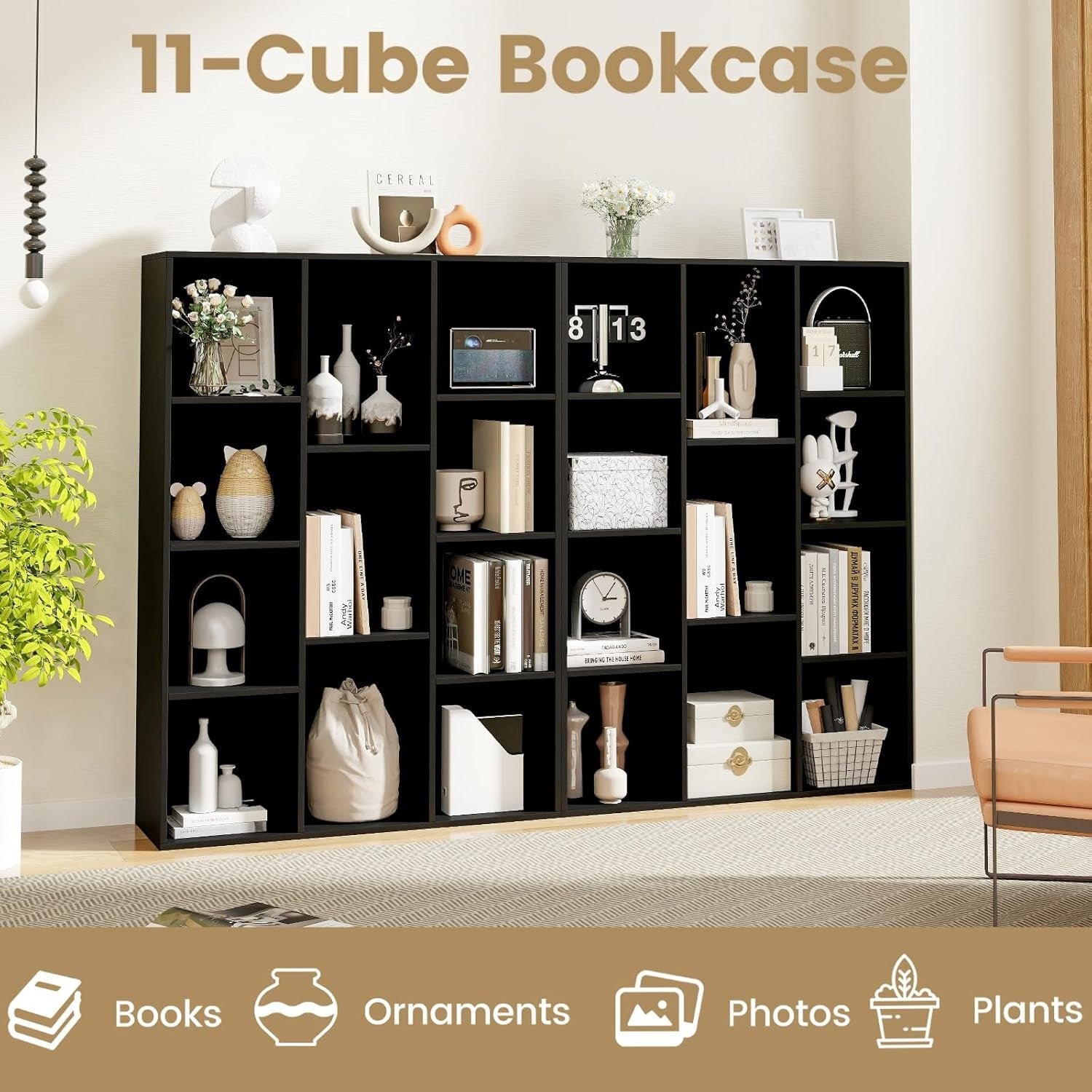 Modern 11-Cube Bookcase Storage Unit with Anti-Tip Design for Home Office