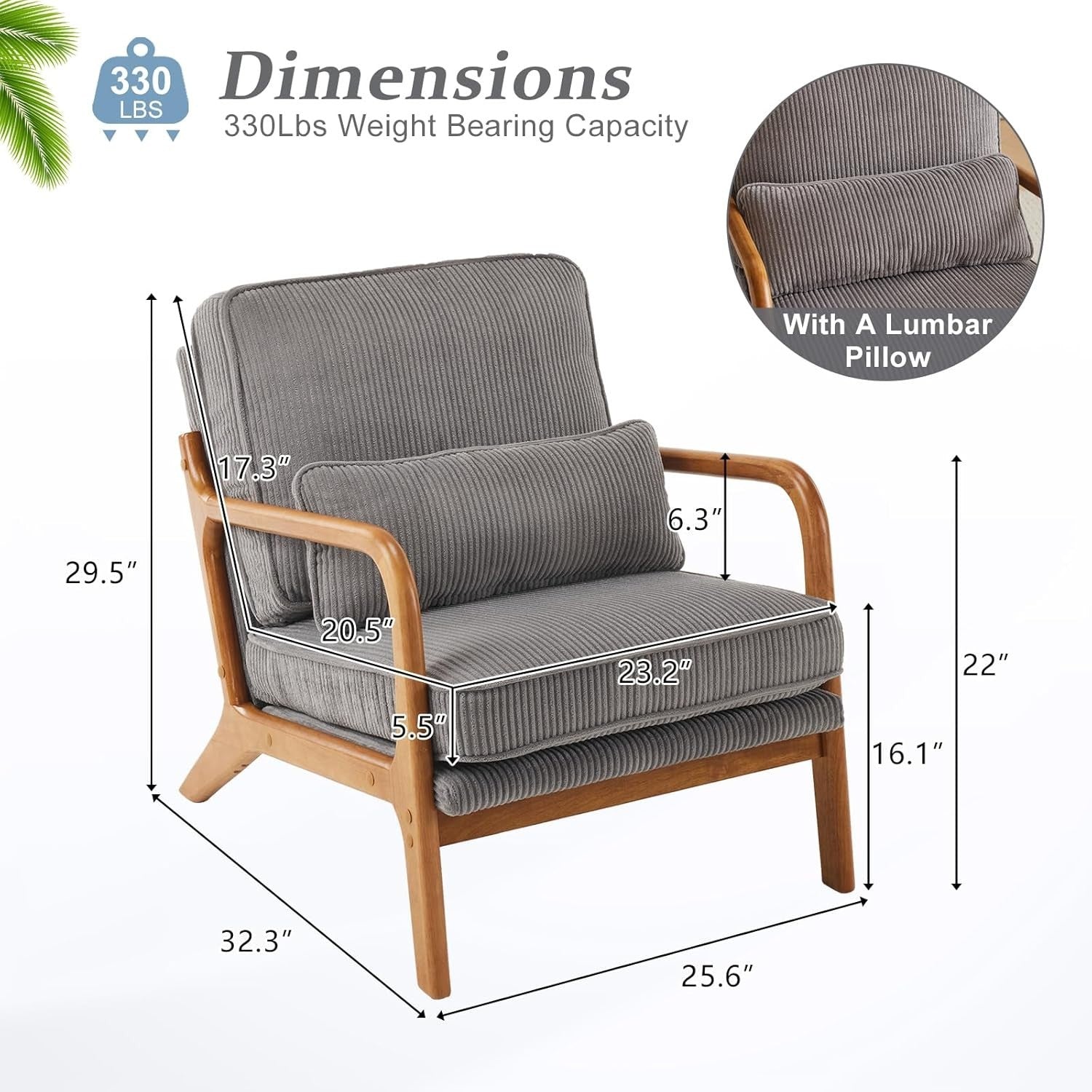 Mid Century Corduroy Armchair Lounge Reading Chair with Cushions Grey