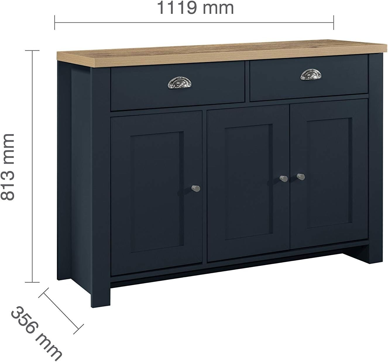 Navy Blue Sideboard Oak Top 3 Door 2 Drawer Storage Unit Farmhouse Style