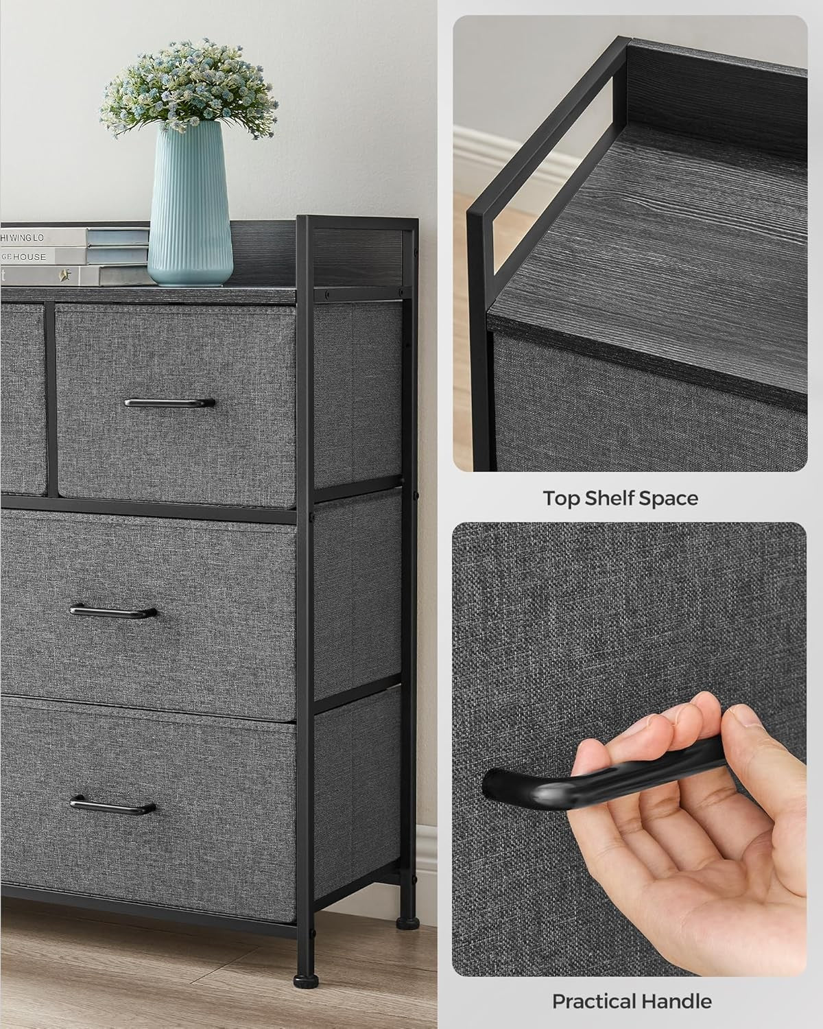 7 Drawer Chest Slate Grey Fabric Storage Cabinet Modern Bedroom Dresser