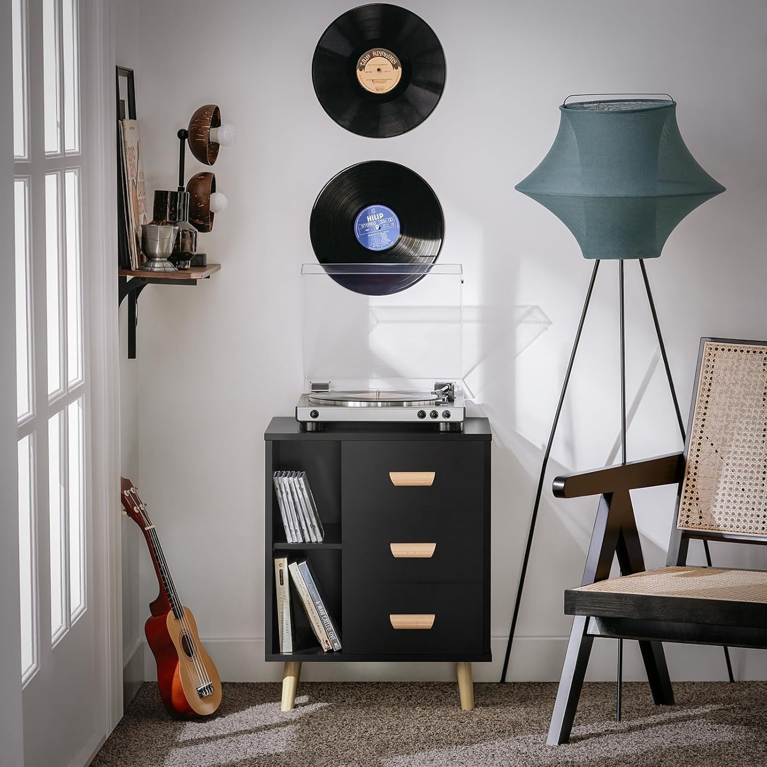 Modern Black 3 Drawer Bedside Table with Shelves – Wooden Storage Cabinet