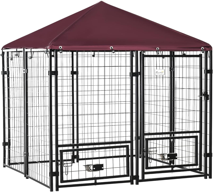Outdoor Dog Kennel Run with Roof & Rotating Bowls, Lockable Steel Cage