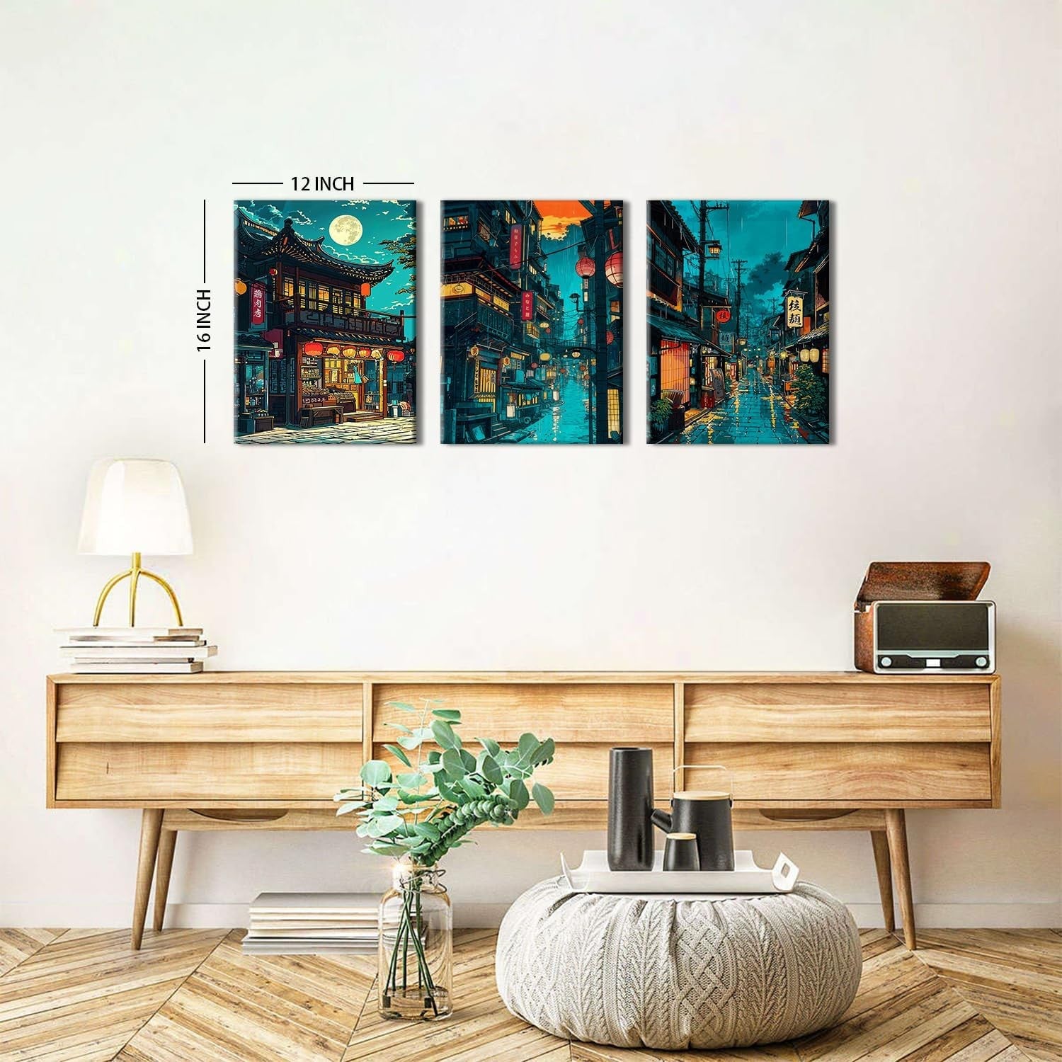 Japanese Anime Tokyo Night Wall Art Set of 3 Framed 12x16in