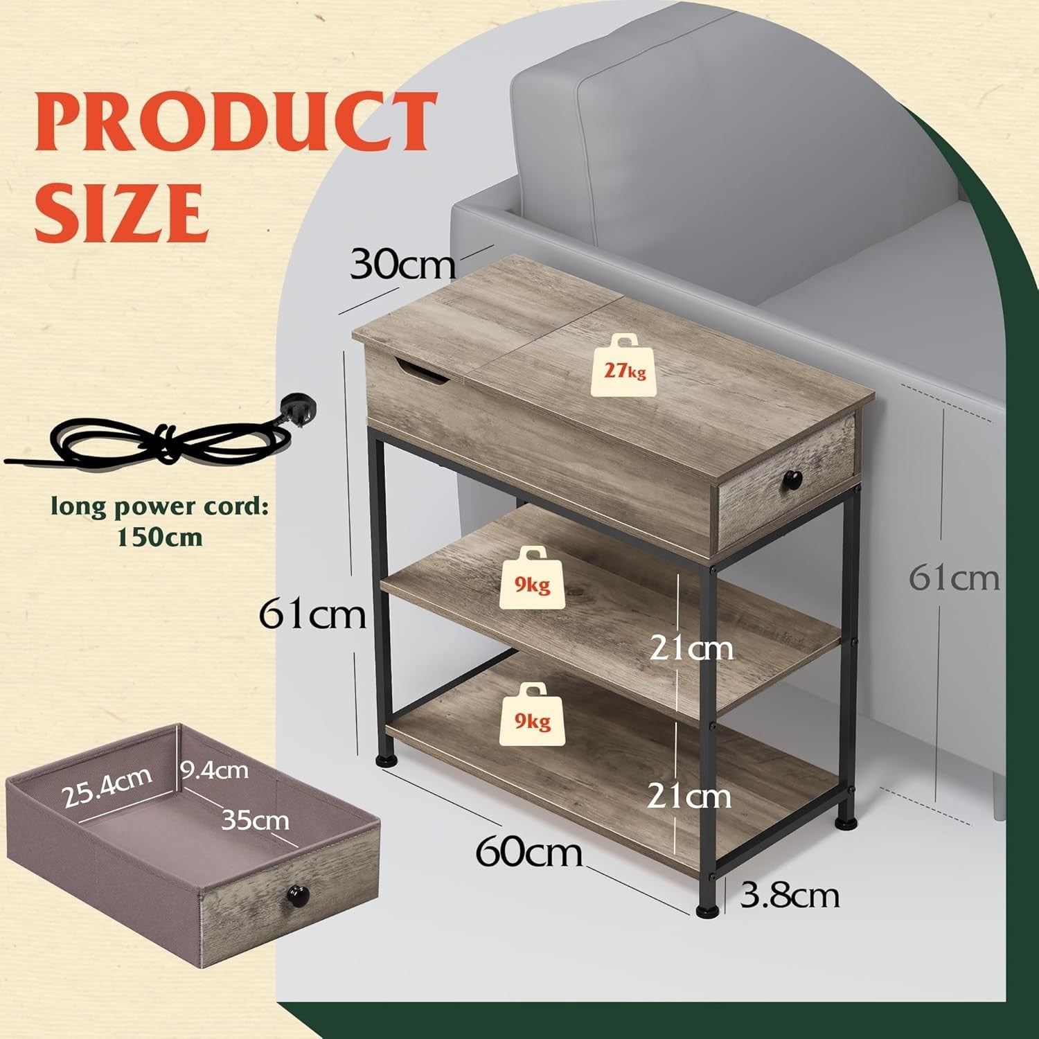 Narrow Side Table with USB & AC Charging – Grey Oak, 30x60x61cm