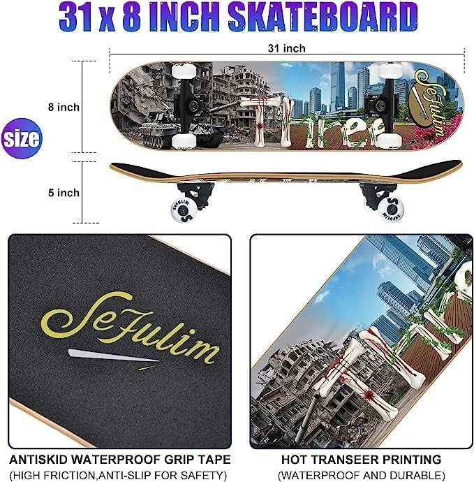 31" Complete Skateboard Maple Double Kick Trick Board Teens Adults Beginners