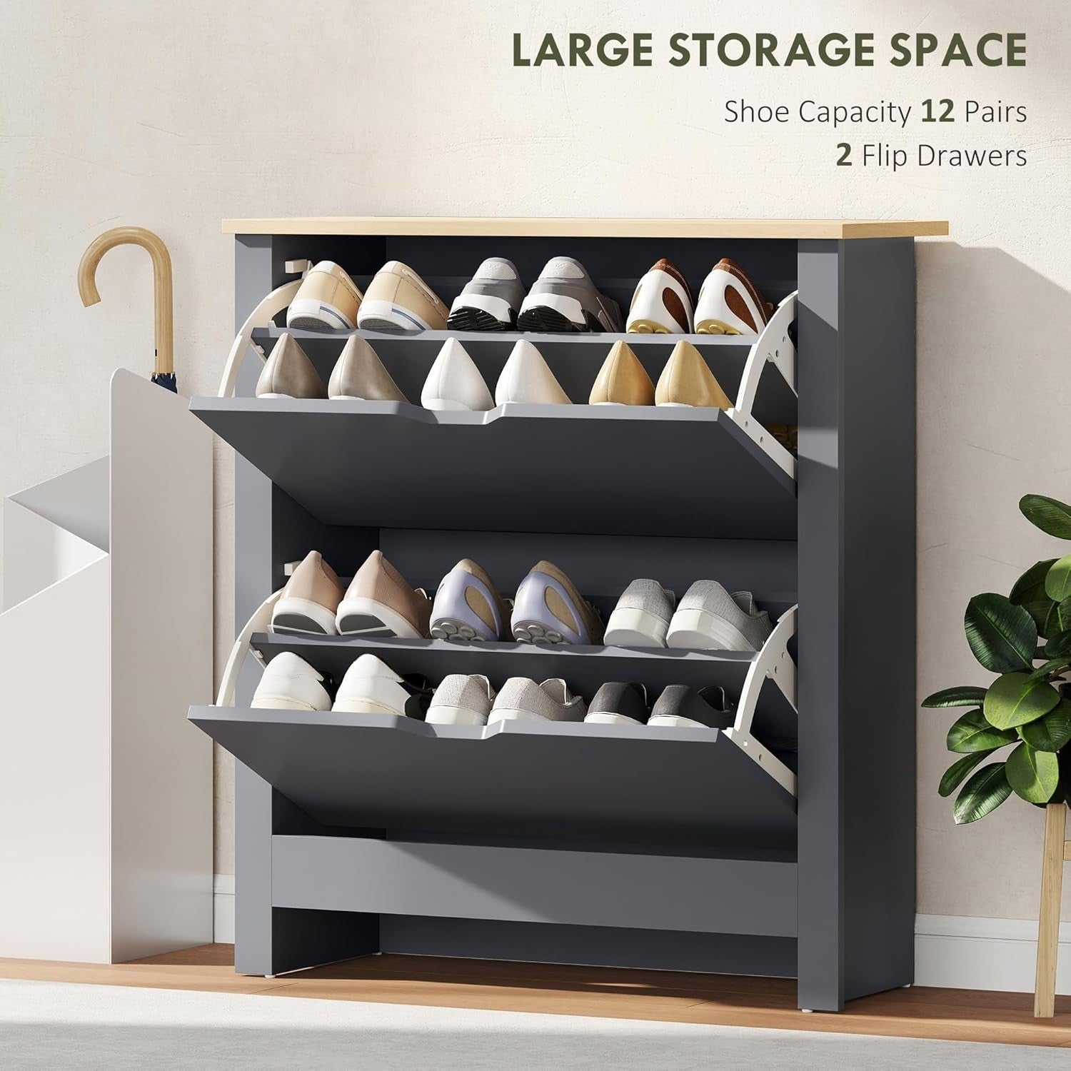 Space Saving Narrow Shoe Cabinet 2 Flip Drawers Adjustable Shelves Charcoal