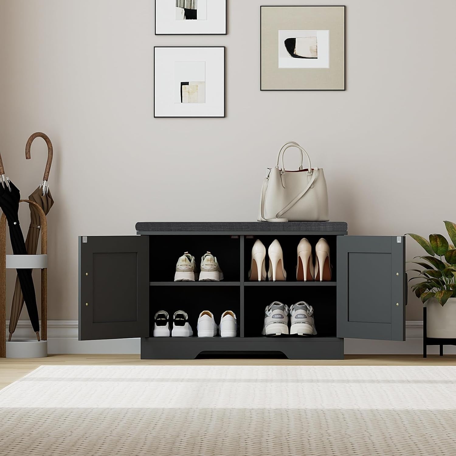 Black 2-Tier Shoe Bench with Cushion & Adjustable Shelf 70x35x45cm