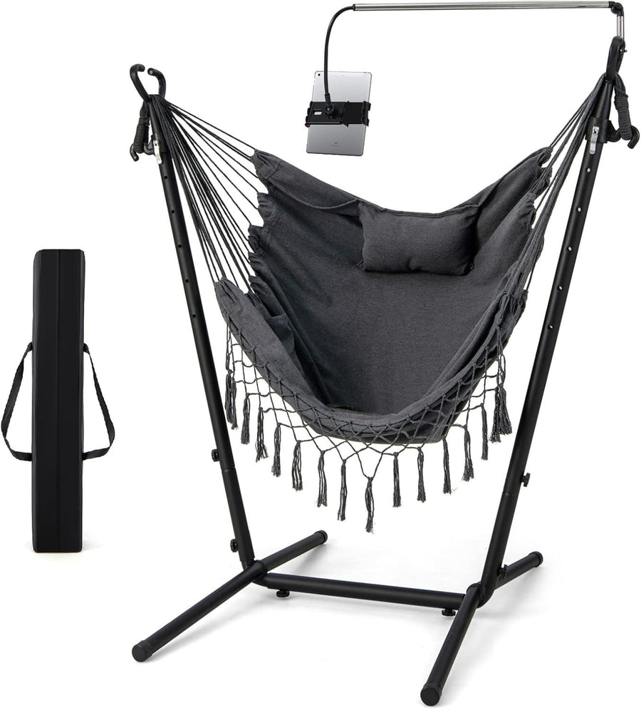 Adjustable Patio Hammock Chair with Stand & Phone Holder Soft Cotton Swing