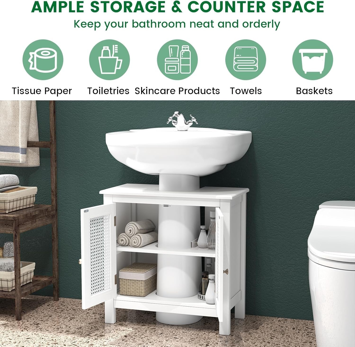 White Under Sink Bathroom Cabinet with Rattan Doors Storage Unit 60x30x60cm