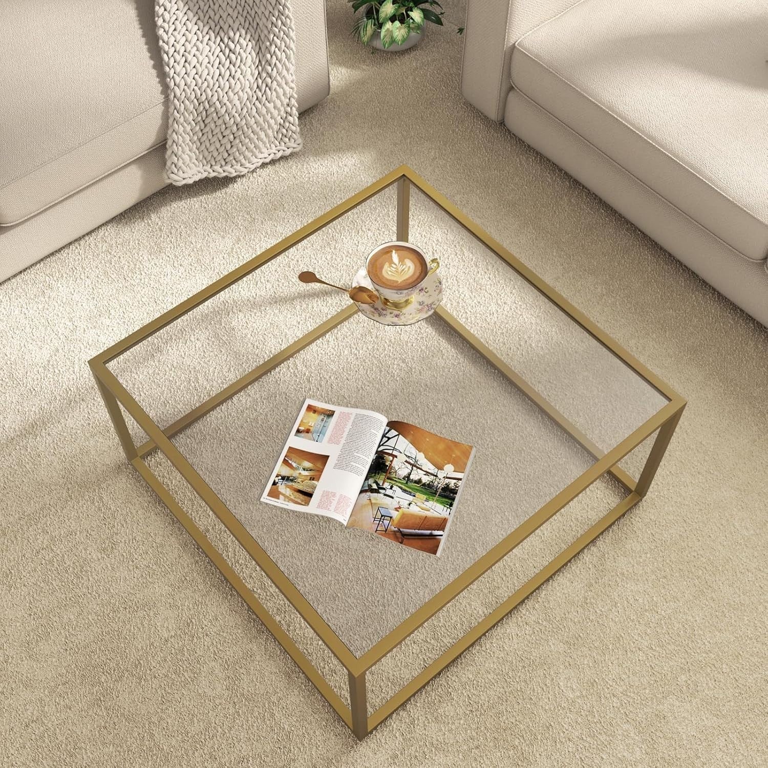Modern Glass Coffee Table Gold Frame – Small Space Square 68x68x40cm