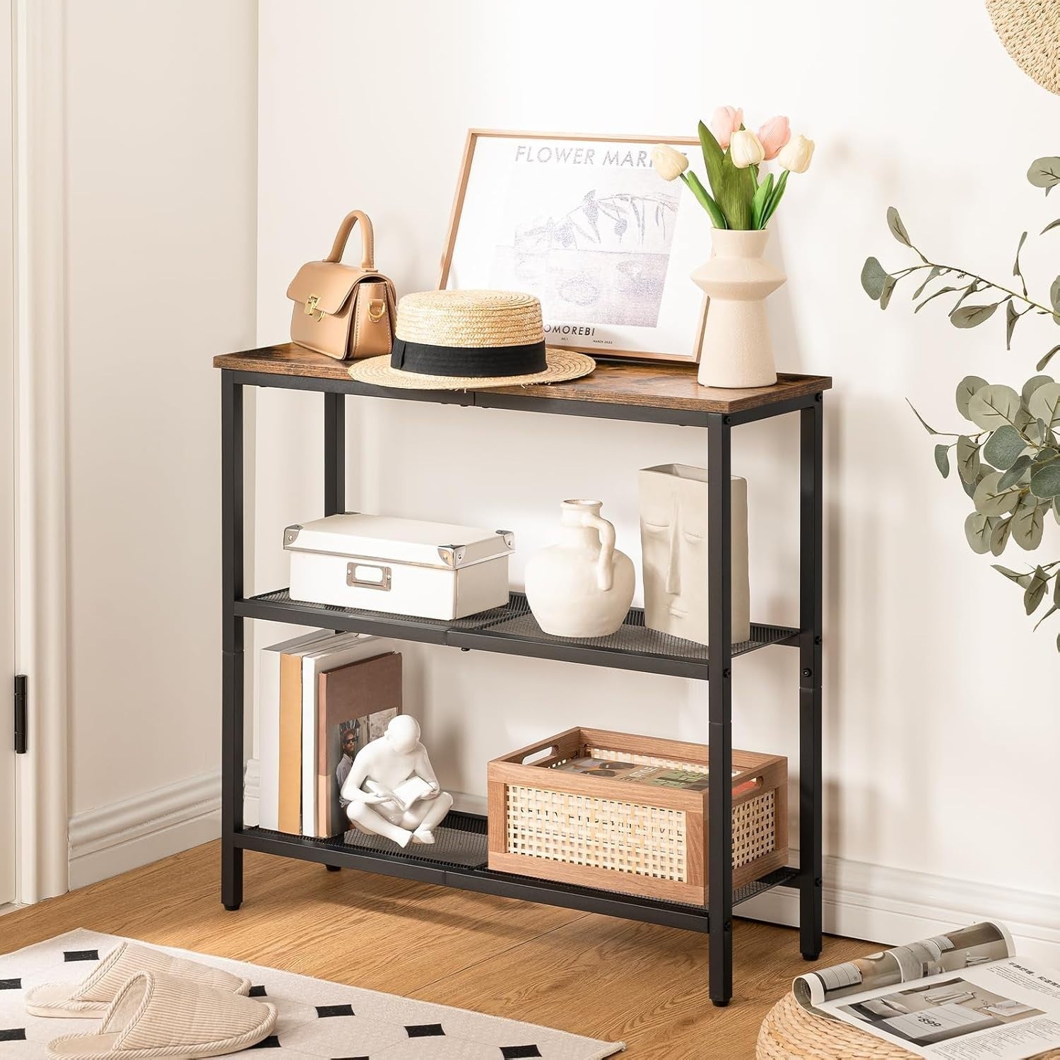 Slim 3-Tier Console Table 75cm Wide Storage Shelf Metal Frame Rustic Brown